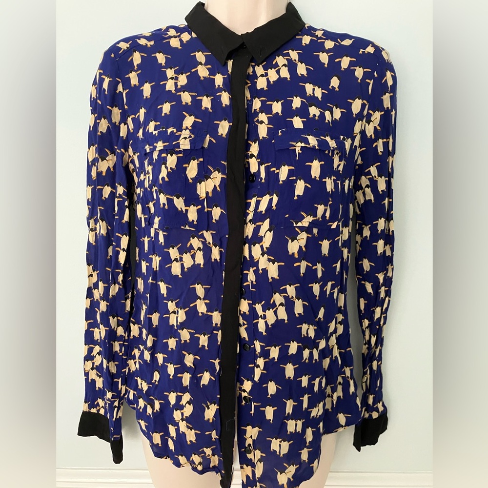 Maeve Anthropologie rayon top blouse playful whimsical penguin bird print 2